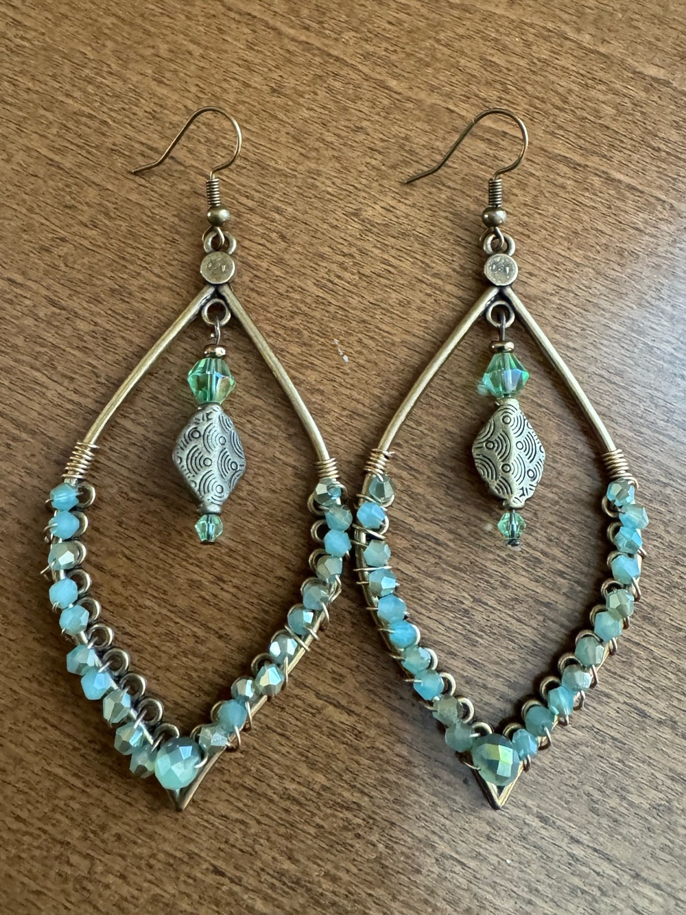 Boho-Chic Beaded Wire-Wrapped Marquis Earrings on Brass - Handmade